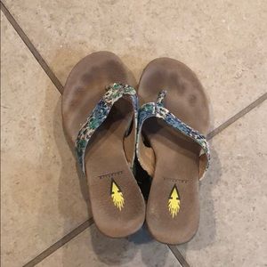 Blue floral Volatile wedge flip flops